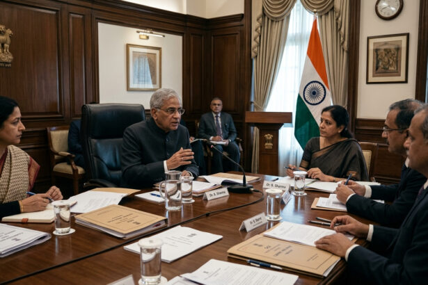 Political leaders and officials discussing Article 370 in a formal meeting setup