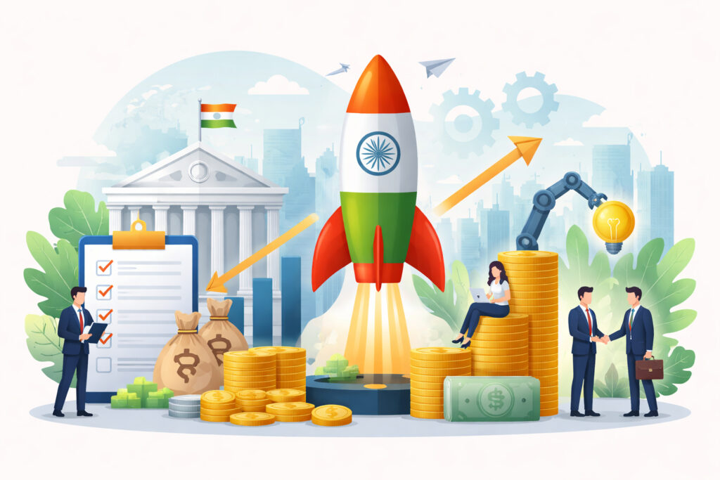 Illustration representing Government Schemes for Startups in India with symbols of funding, innovation, and institutional support.