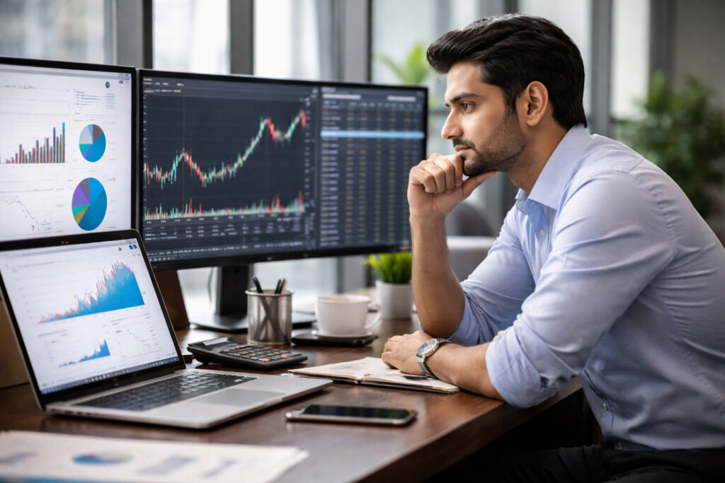 Business professional analyzing stock market or financial data on multiple screens