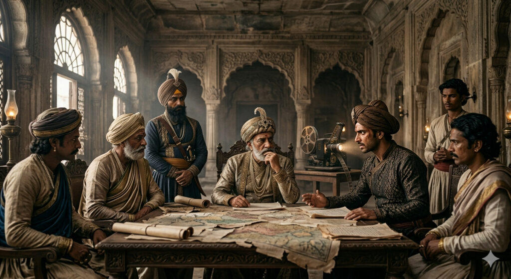 Indian historical movie scene depicting dramatic storytelling and propaganda examples India