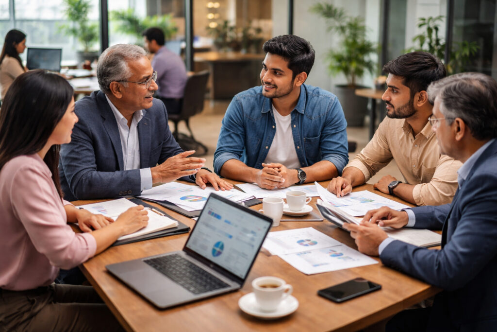 Venture capital partners evaluating startup investment proposals in India