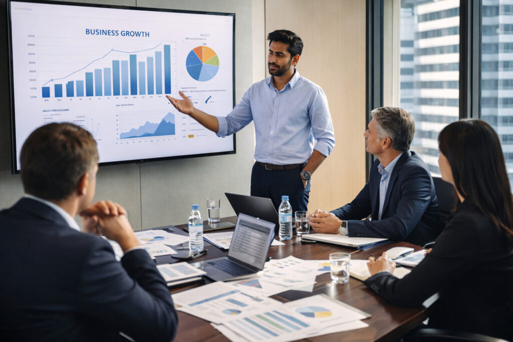 Indian startup founder presenting funding metrics to venture capital investors during a high-pressure funding meeting.