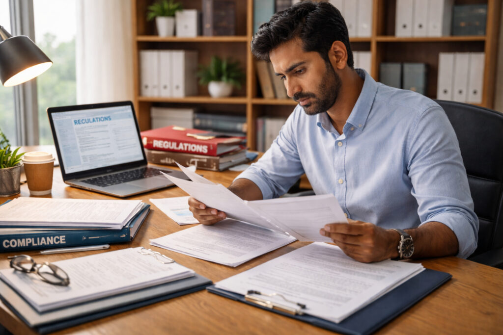 Indian startup founder experiencing decision fatigue while analyzing financial reports and operational metrics.