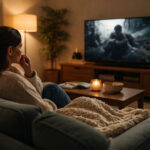 Individual watching a film thoughtfully at home reflecting on the Kashmir Files debate and its implications