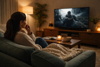 Individual watching a film thoughtfully at home reflecting on the Kashmir Files debate and its implications