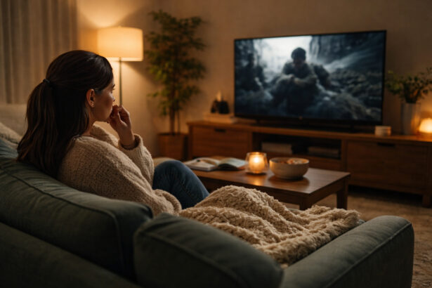 Individual watching a film thoughtfully at home reflecting on the Kashmir Files debate and its implications