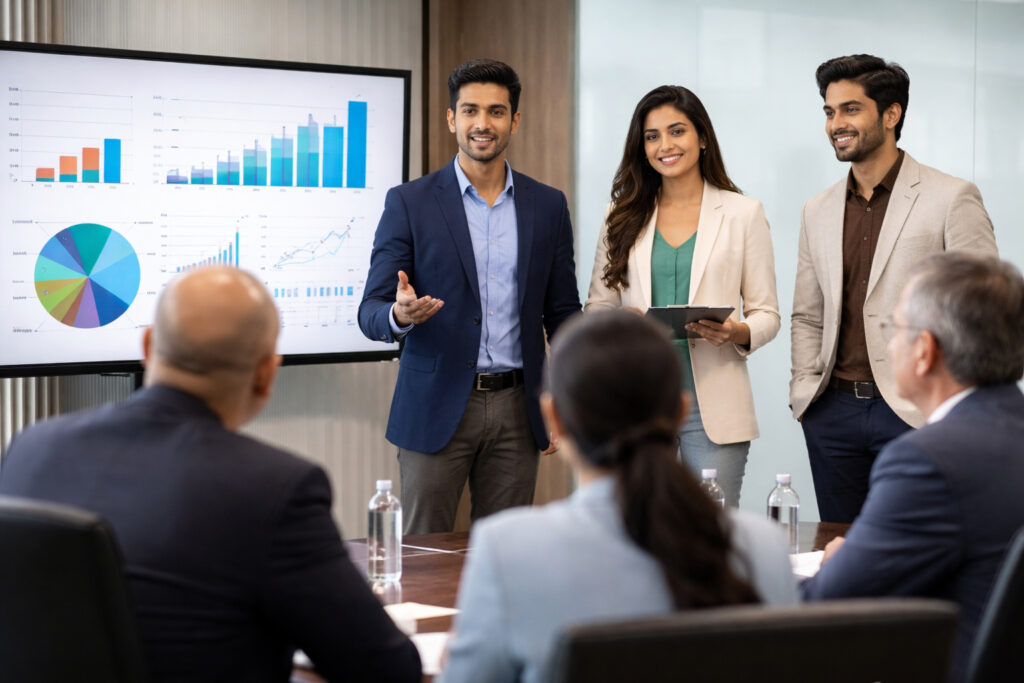 Startup team pitching to investors in a conference room in India