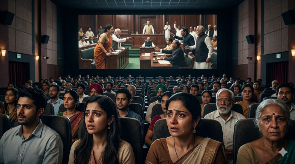 Indian audience watching a political movie in a cinema hall showing national and historical themes