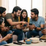 Young people discussing political movie opinions on social media using smartphones