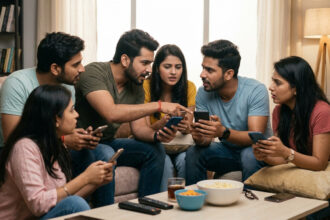 Young people discussing political movie opinions on social media using smartphones