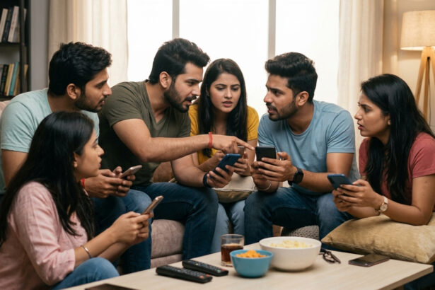 Young people discussing political movie opinions on social media using smartphones