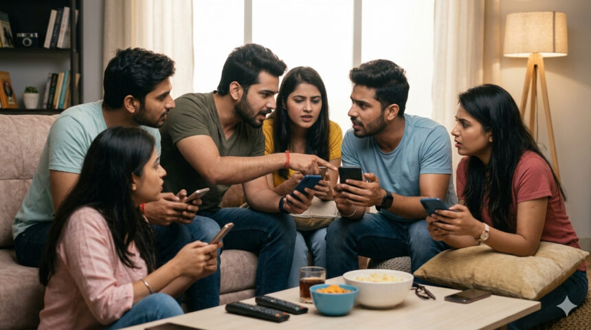 Young people discussing political movie opinions on social media using smartphones