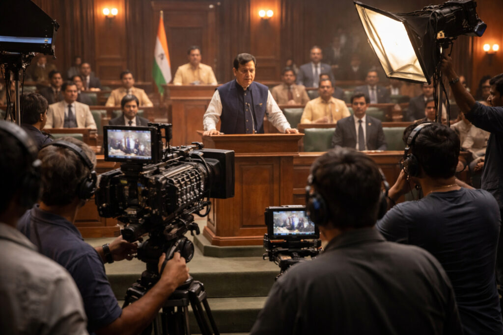 Film production setup with camera and crew shooting a political scene