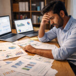 Indian startup founder working late at night reviewing financial data and business metrics, representing founder burnout in India.