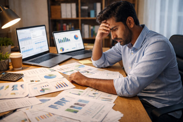 Indian startup founder working late at night reviewing financial data and business metrics, representing founder burnout in India.