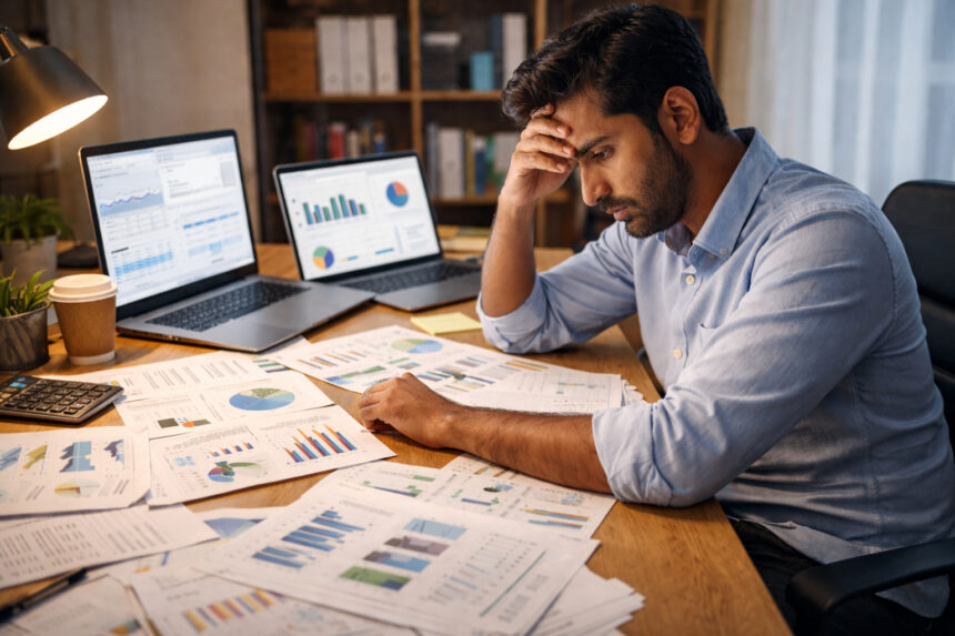 Indian startup founder working late at night reviewing financial data and business metrics, representing founder burnout in India.