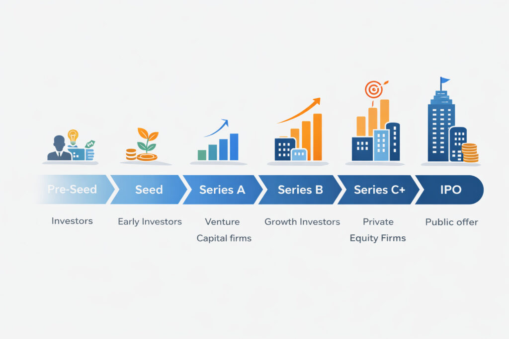 Infographic showing different startup funding stages in India including seed, Series A, Series B, and late-stage funding.