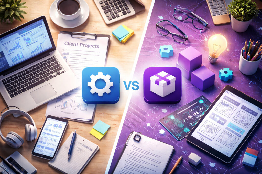 Service vs Product Startup Model in India visual comparison showing workspace setup for client services and product development environments