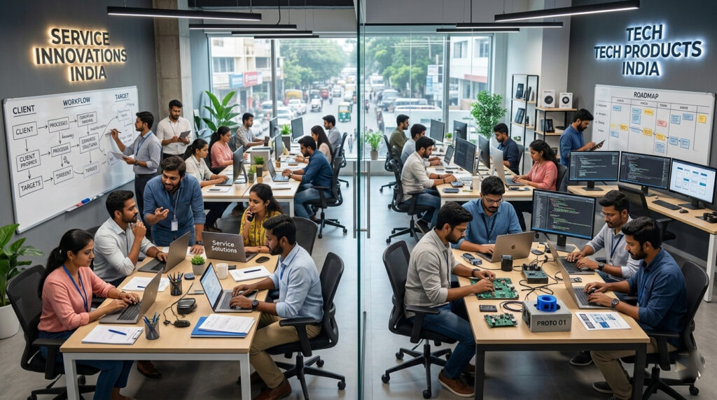 Service and product startup architectures differ in scalability, capital needs, and operational logic.