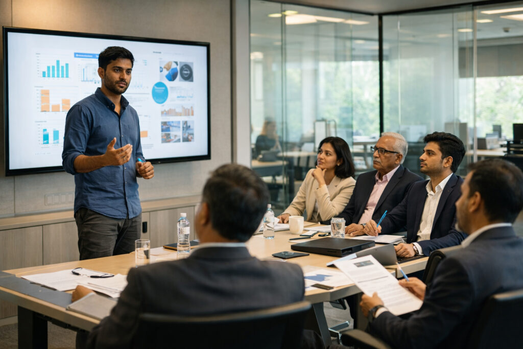 Early-stage startup pitching business idea during incubator evaluation session in India.
