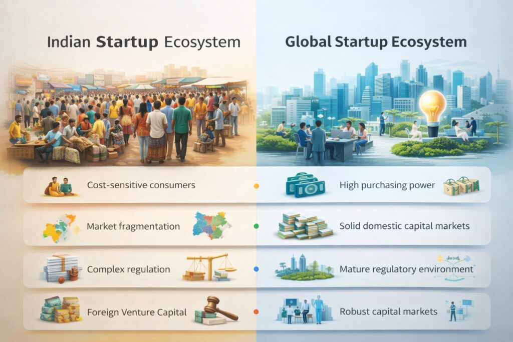 Indian startup ecosystem vs global startup ecosystem structural comparison showing funding, regulation, and market differences