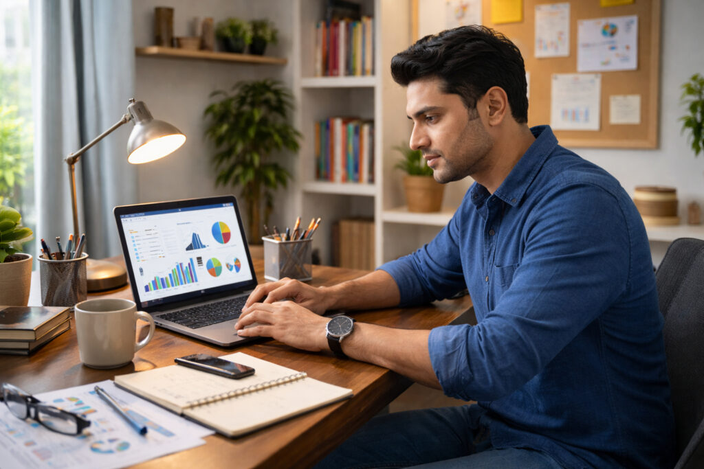 Indian lifestyle startup founder working independently in a small workspace