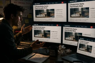 AI Content Problem showing repetitive AI-generated articles across multiple screens