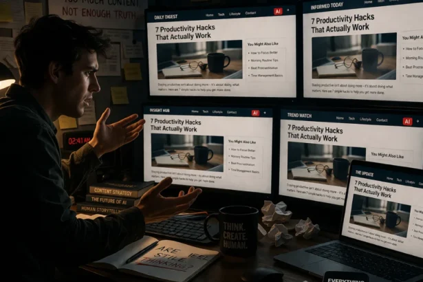 AI Content Problem showing repetitive AI-generated articles across multiple screens