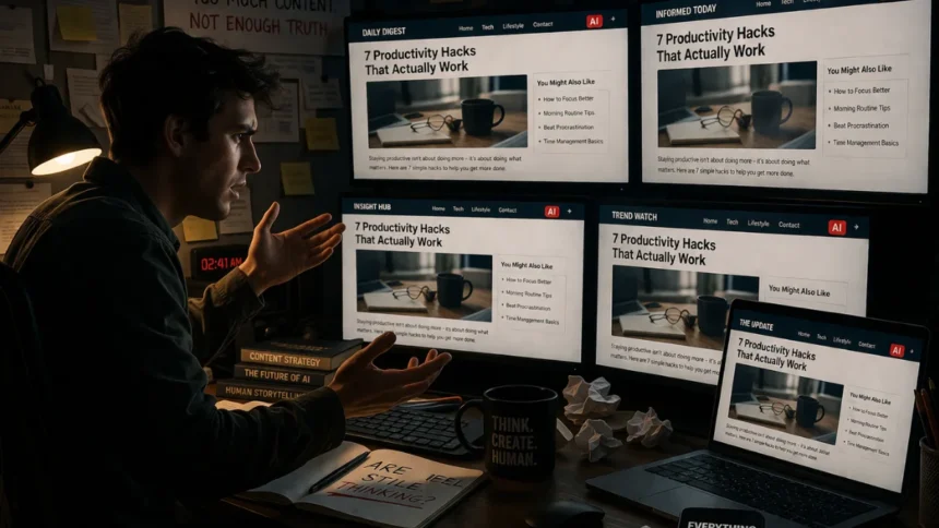 AI Content Problem showing repetitive AI-generated articles across multiple screens