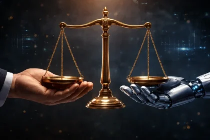 AI Regulation Debate representing balance between ethics and artificial intelligence