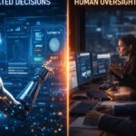 AI decision-making vs human control illustration showing balance
