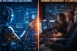 AI decision-making vs human control illustration showing balance