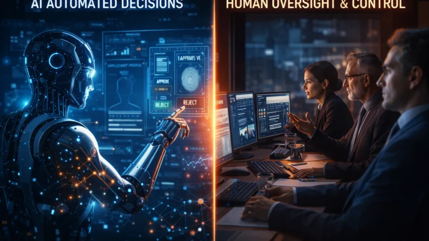 AI decision-making vs human control illustration showing balance
