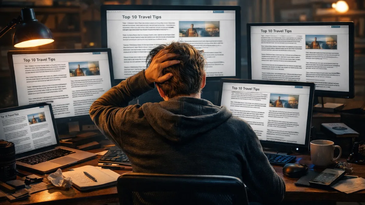 AI-generated articles appearing repetitive on multiple screens showing content overload