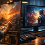 AI vs Human Creativity comparison showing human artist and AI-generated art