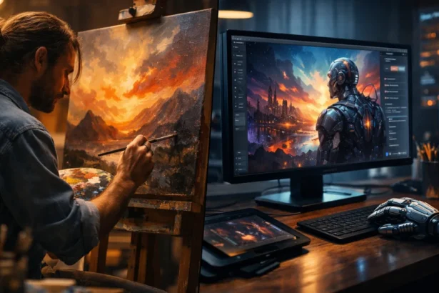 AI vs Human Creativity comparison showing human artist and AI-generated art