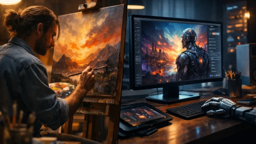 AI vs Human Creativity comparison showing human artist and AI-generated art