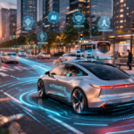 Urban highway with mix of human-driven and autonomous vehicles, digital sensors and data streams visualized, high-detail editorial style”