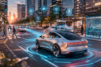 Urban highway with mix of human-driven and autonomous vehicles, digital sensors and data streams visualized, high-detail editorial style”