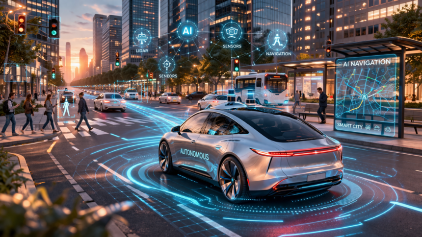 Urban highway with mix of human-driven and autonomous vehicles, digital sensors and data streams visualized, high-detail editorial style”