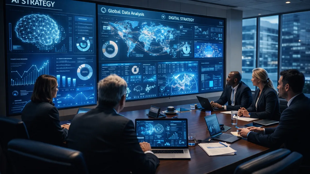 Business leaders strategizing in the global AI race using advanced analytics