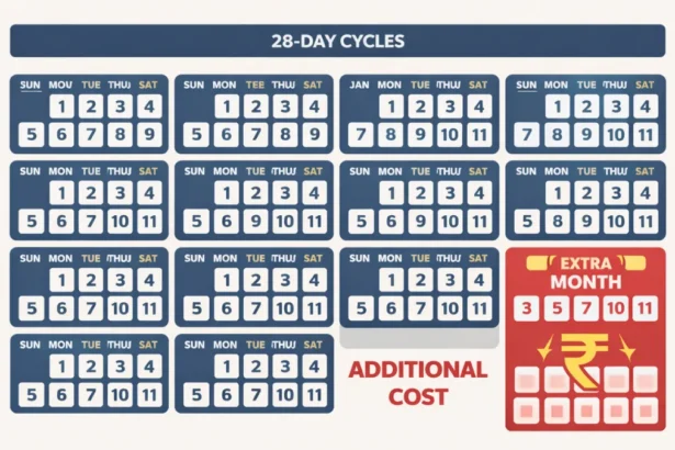 Calendar showing extra recharge due to 28-day cycle in mobile plans