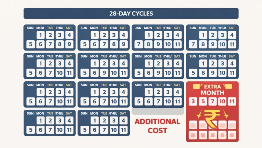 Calendar showing extra recharge due to 28-day cycle in mobile plans
