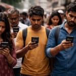 people in India checking smartphones showing no internet signal during network shutdown