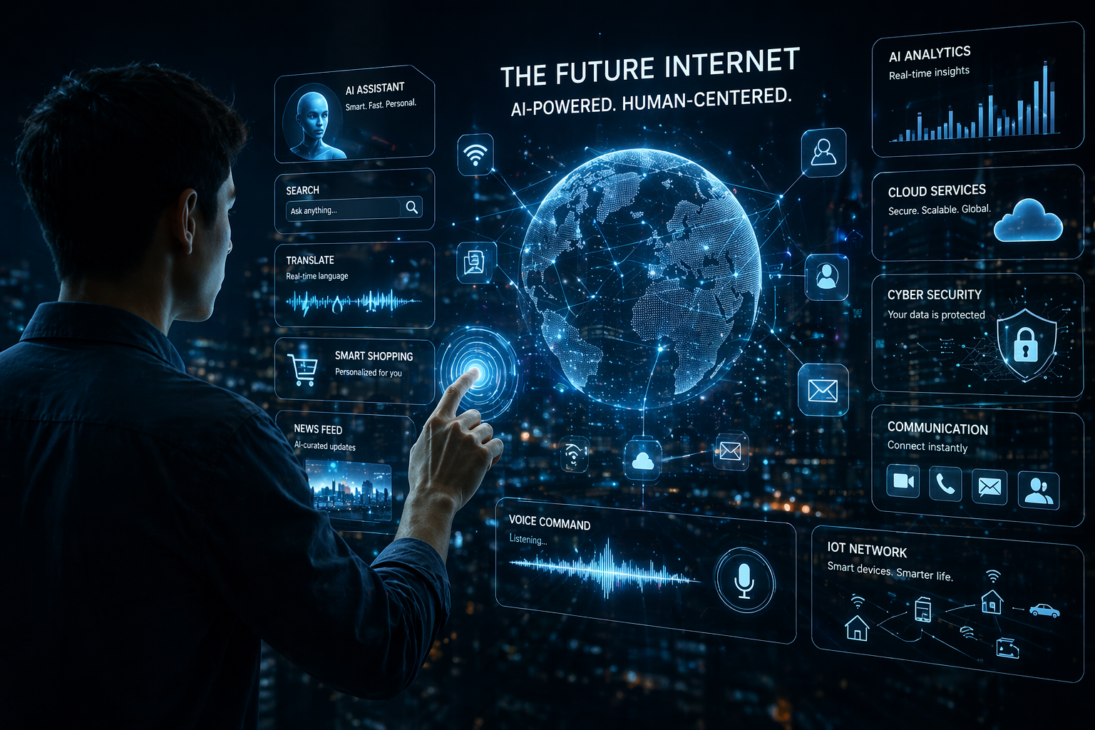 Human interacting with AI-powered futuristic internet interface