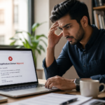 Indian professional reviewing credit card rejection email and financial documents