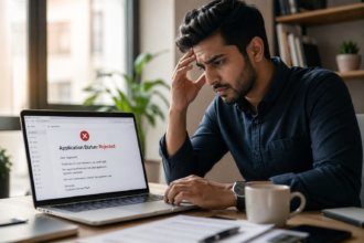 Indian professional reviewing credit card rejection email and financial documents