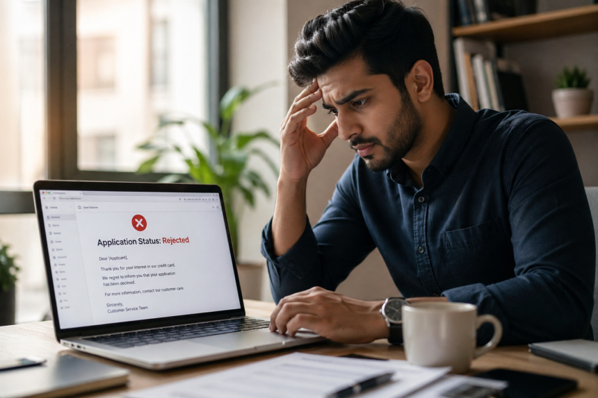 Indian professional reviewing credit card rejection email and financial documents