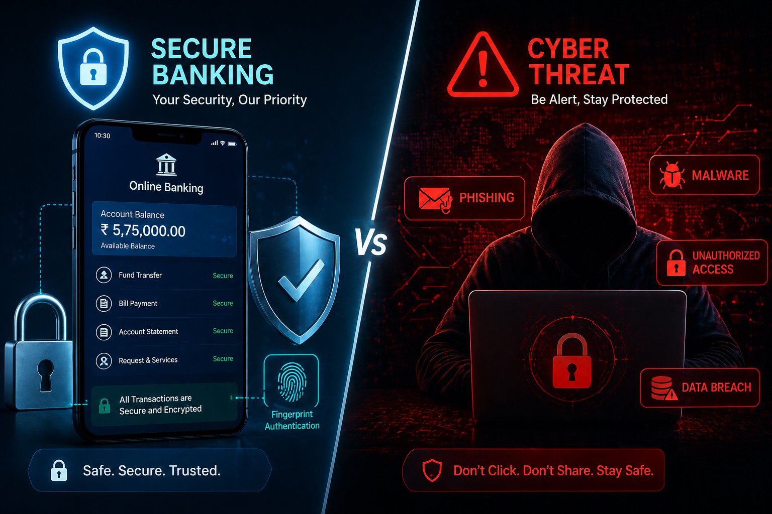Cybersecurity & Safety comparison between secure banking and cyber fraud risk