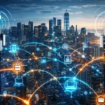 City with 5G towers and digital connectivity visualization